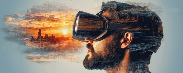 A man wearing a VR headset experiences a vivid sunset landscape, blending technology with a captivating digital world.