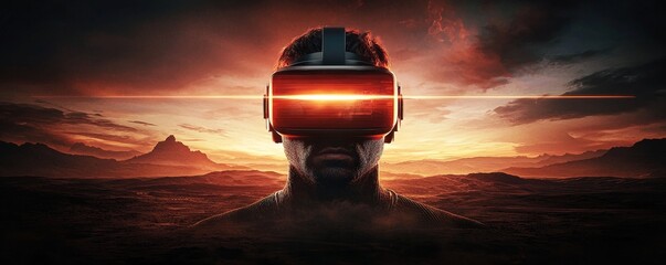A silhouette of a person wearing a futuristic VR headset, set against a dramatic sunset background, suggesting a blend of technology and adventure.