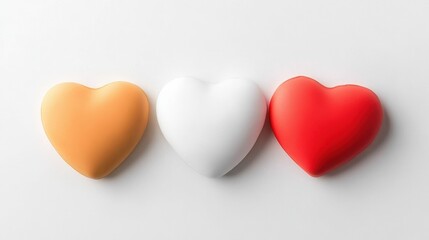 Fototapeta premium Three red hearts arranged on a clean white background for festive or romantic themes