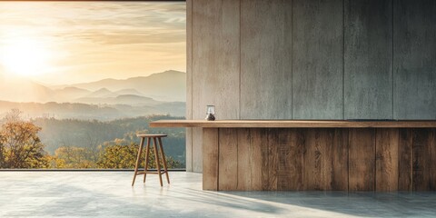 A modern, minimalist interior featuring a wooden bar, stool, and large windows showcasing a scenic sunset over mountains.