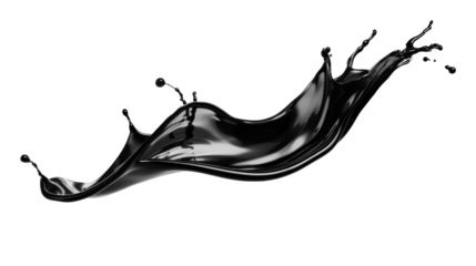 A striking splash of black liquid flows gracefully, creating intricate shapes and patterns against a clean, isolated backdrop. The smooth and fluid motion captures attention and imagination