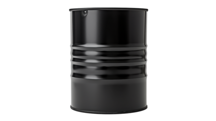 The black barrel stands isolated against a stark white background, highlighting its smooth surface and round shape. This simple design emphasizes its industrial purpose and functionality