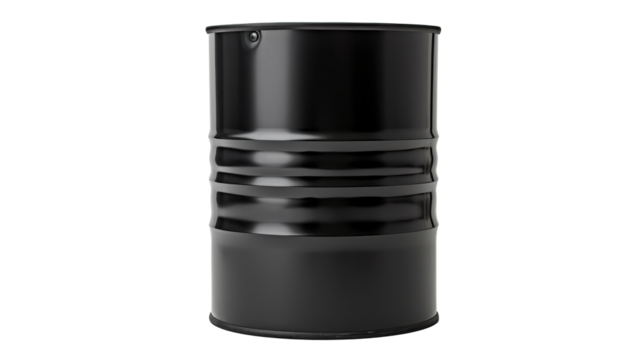 The black barrel stands isolated against a stark white background, highlighting its smooth surface and round shape. This simple design emphasizes its industrial purpose and functionality