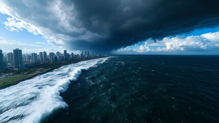 Coastal City Under a Dramatic Stormy Sky