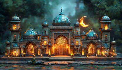 Fantasy Palace with Domes and Towers Illuminated at Dusk under Crescent Moon

