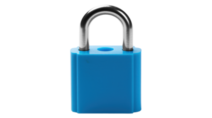 This bright blue padlock with a shiny silver shackle stands isolated against a clean white background. It symbolizes security and protection for personal belongings or spaces