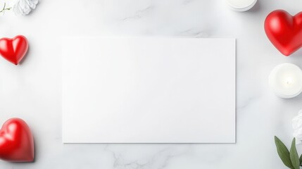 Valentine day card design featuring red hearts and candles on a marble background