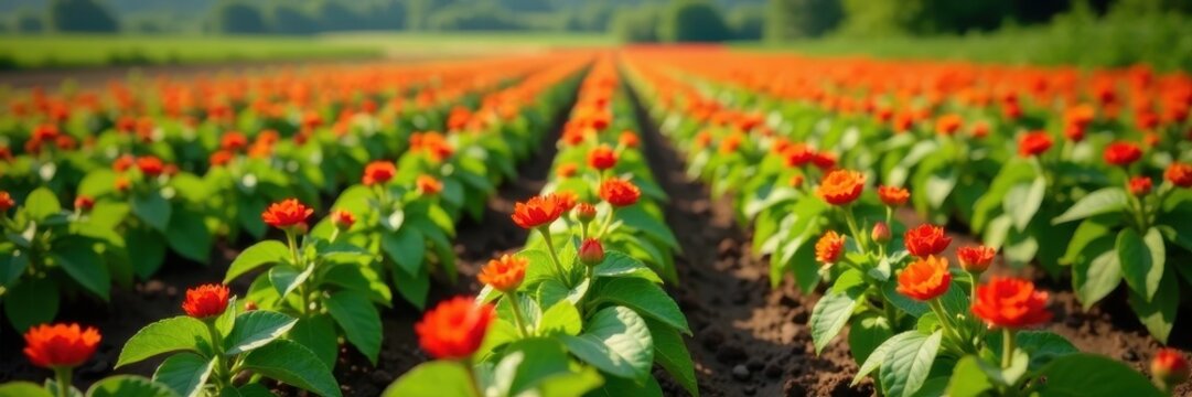 Row of red Solanaceous flowers growing among potato plants, Field, Rows
