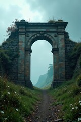 Fototapeta premium Ruined stone gateway blends into misty cloudy sky amidst nature, mysterious, entrance, ancient