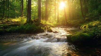 Obraz premium Sunlight Filtering Through Trees Overflowing Freshwater Stream