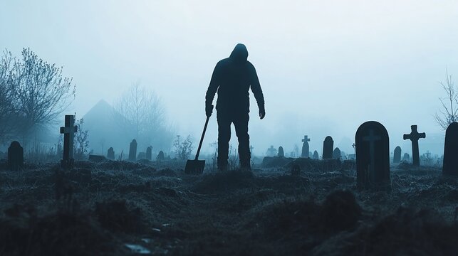 Hooded figure digs grave, foggy cemetery, Halloween horror