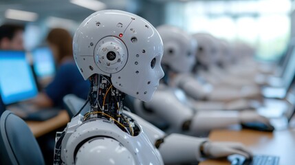 Fototapeta premium A white AI robot is working with a computer.