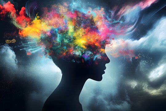 ADHD in Hyperactive Chaos , A silhouette of a person with their head exploding into a dazzling array of swirling colors. Mental health issues. 


