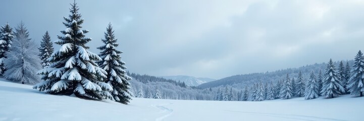 Obraz premium Snow-covered fir tree under a grey and overcast sky, snowy forest, white snow