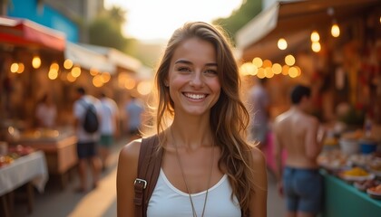 Obraz premium Happy Young Woman Exploring Local Street Market at Sunset