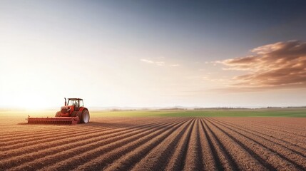 Fototapeta premium Tractor in a field during sunset with vibrant colors and silhouette landscape scenery