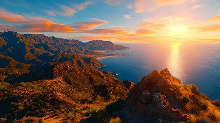 Fototapeta premium Coastal Sunset Landscape with Mountains