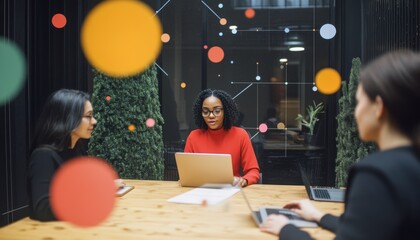 Young Women Collaborating in a Modern Office Space with Tech Elements
