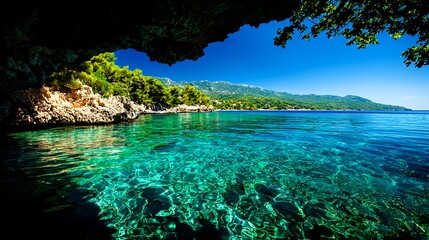 Fototapeta premium Coastal View of Turquoise Sea and Rocky Shore