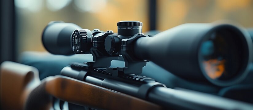 Rifle scope on wooden stock, autumn background, hunting