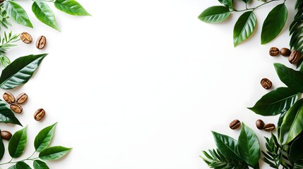 Coffee Beans and Green Leaves on White Background