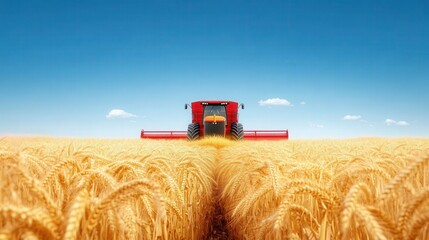 Obraz premium Red combine truck driving through a golden wheat field during harvest season in rural landscape