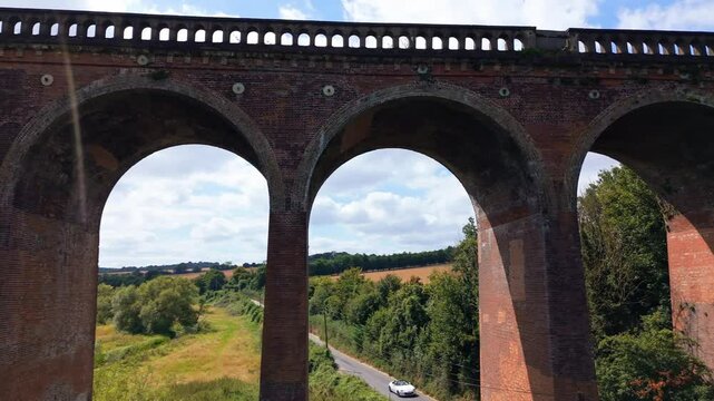 Elevated bridge construction, Victorian brickwork design, close-up
