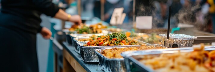 A close-up of a food festival stall with reusable packaging