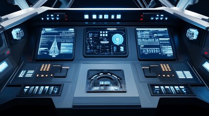 Detailed view of a spaceship's command center, displaying numerous illuminated screens and controls