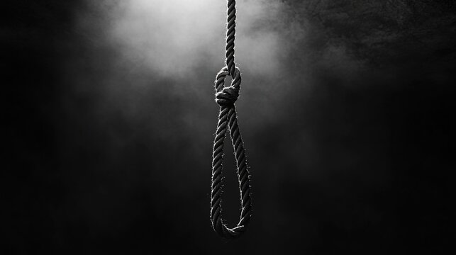 Dark room, hanging noose, rope knot, smoky background, suicide prevention