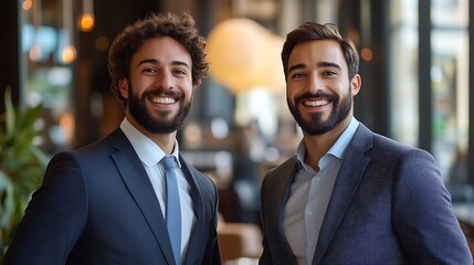 Business partners smiling together in modern office professional environment