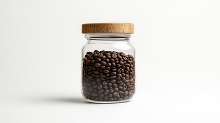 Glass jar of coffee beans, wooden lid, white background, studio shot, food storage