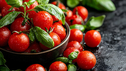 Fresh cherry tomatoes and basil in bowl