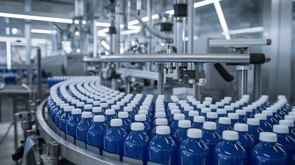 Obraz premium Bottling line with blue bottles on a conveyor belt, machinery visible