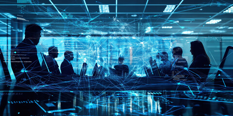 Corporate Boardroom Silhouettes in Futuristic Blue Tech Environment