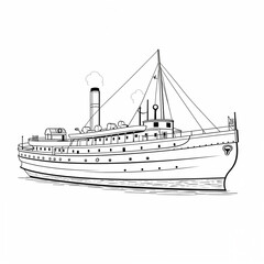 Obraz premium Steamship, angle view, icon, a simple black and white sketch, isolated on a white background, a picture, an image for printing on a T-shirt, without people