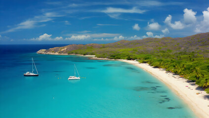 Obraz premium Tropical beach, sailboats, lush trees, and azure waters under clear blue sky