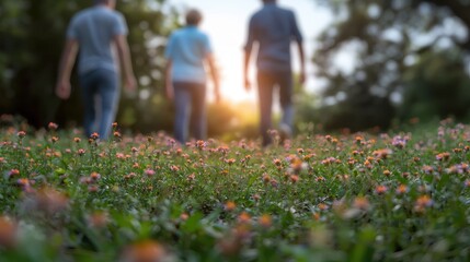 Fototapeta premium People Walking in a Field of Vibrant Flowers