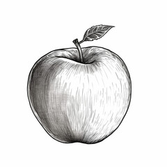 Apple with one leaf, black and white sketch, icon isolated on a white background, minimalism, no people, close-up, concept, image for printing