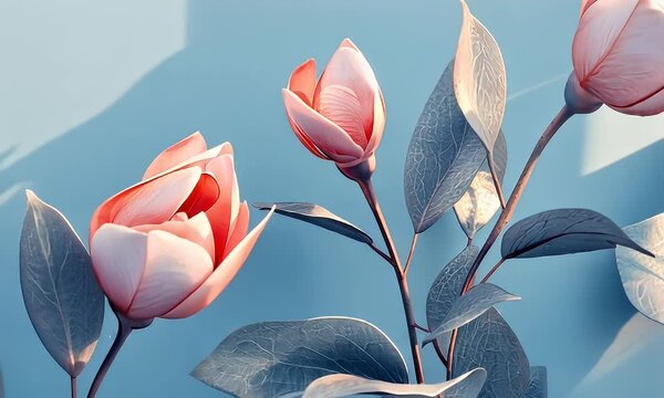 Pastel pink flowers, sunlit blue background, minimalist floral art, website banner