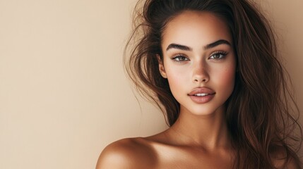 Naklejka premium Close-up portrait of a young woman with long brown hair and tan skin, looking directly at the camera.