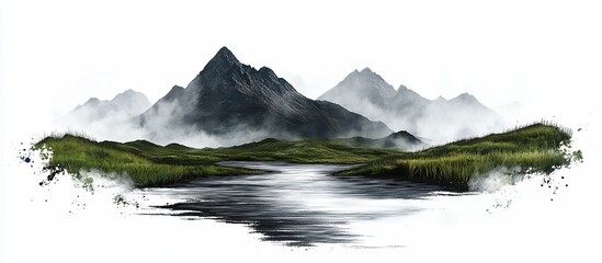 Misty mountain river landscape, digital art, nature background, design element