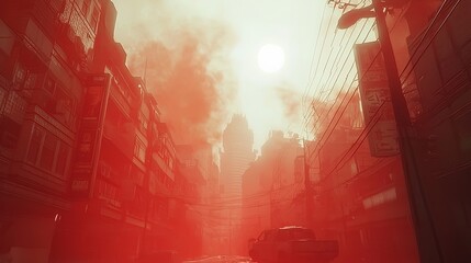 Obraz premium A city street with red buildings and cars
