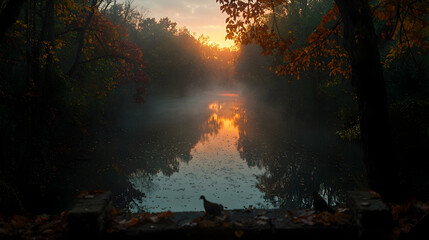 Autumn sunrise over misty lake, bird on wall