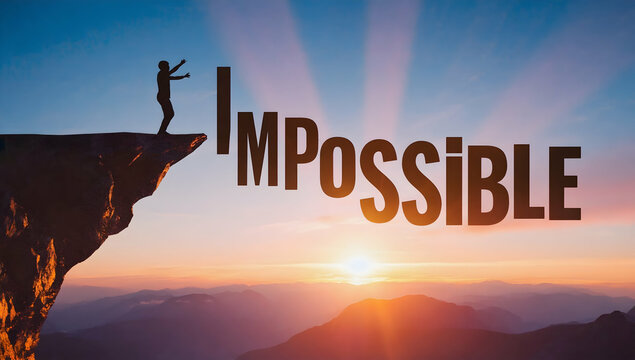 Silhouette reaching IMPOSSIBLE on cliff during serene sunset