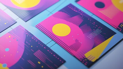 Obraz premium Abstract vibrant business cards with geometric shapes and bright color palette arrangement