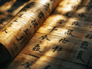 Intricate characters adorn a weathered Japanese scroll, resting gracefully in soft lighting. Each stroke tells a story, capturing centuries of artistry and tradition in a serene moment. Generative AI