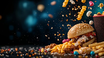 Colorful Fast Food Platter on Dark Background