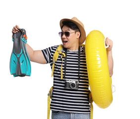 Traveller with inflatable ring and swim fins on white background