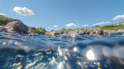 Clear water splashes near rocky coast under sunny sky